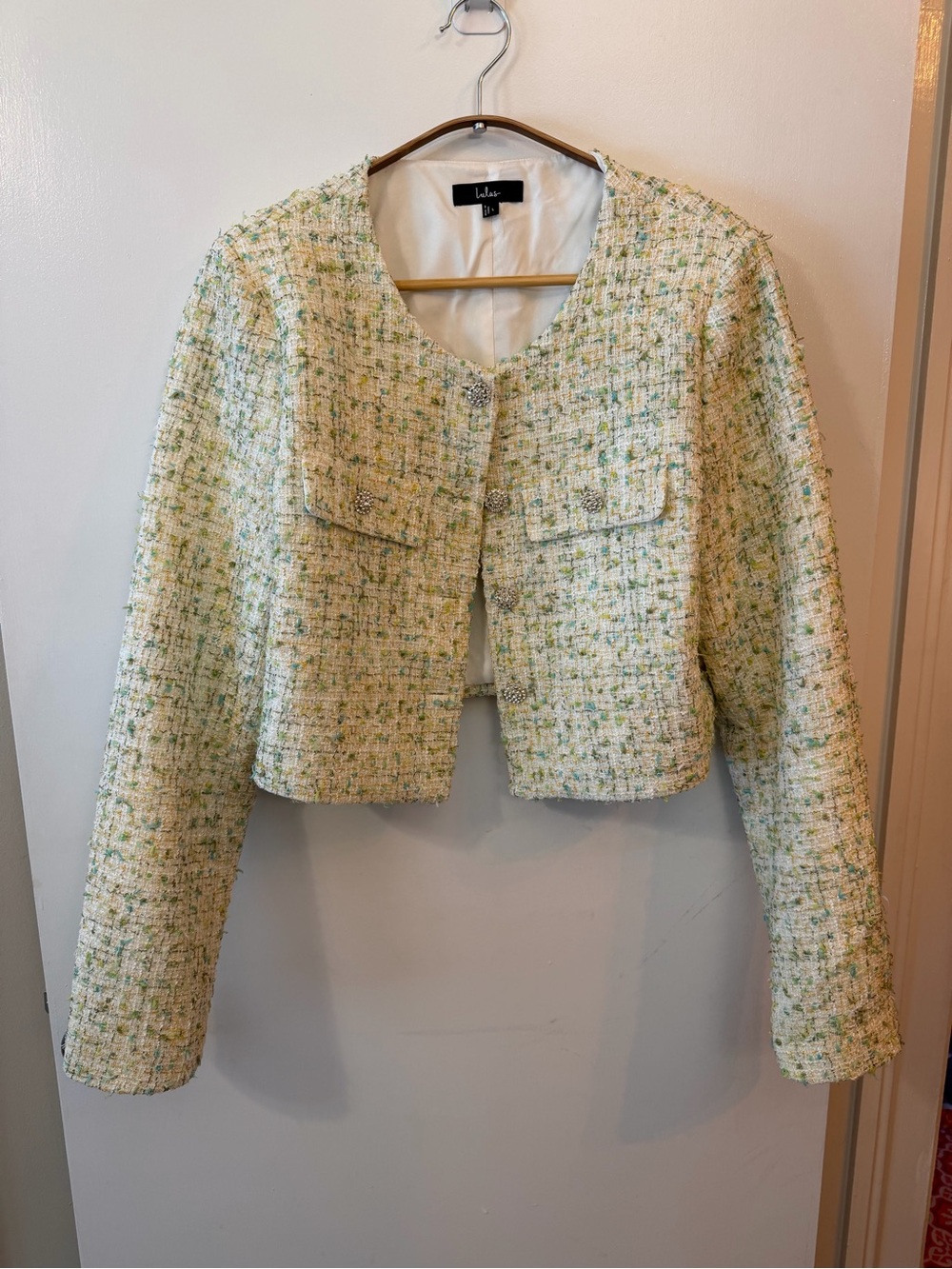 Lulu's Large Cropped Tweed Blazer in Cream and Green with Sparkle Buttons